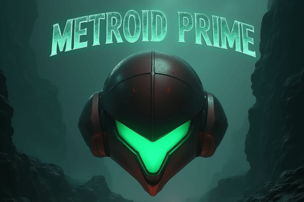 Máscara de Samus Aran iluminada em verde com o título Metroid Prime em um fundo sombrio.