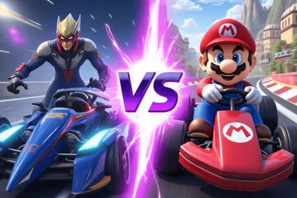 Capitão Falcon e Mario em uma corrida intensa, com efeitos visuais vibrantes.