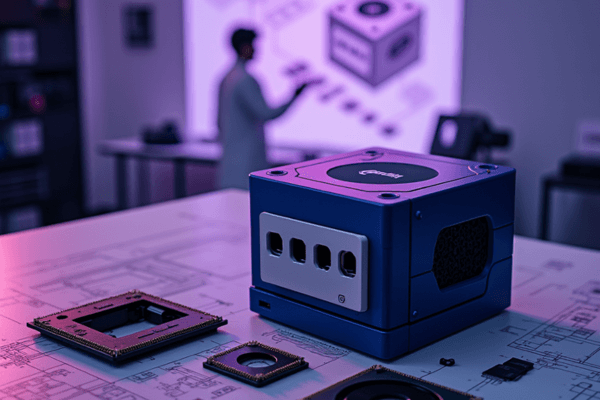 Cena de desenvolvimento mostrando um protótipo do GameCube em um laboratório, com um engenheiro ao fundo.