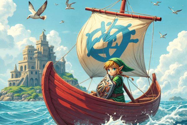 Ilustração do Link navegando em um barco.