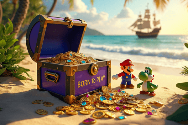 Ilustração de uma praia com um baú inspirado no GameCube, cheio de ouro e rubis, com Yoshi e Mario ao fundo.