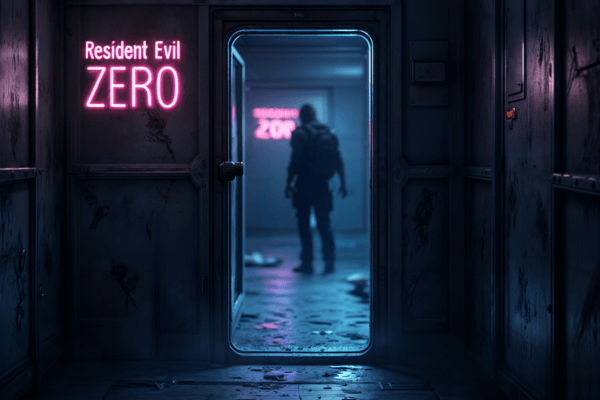 Corredor sombrio com letreiro neon de Resident Evil Zero e personagem ao fundo.