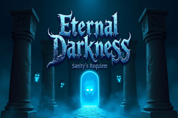 Portal sombrio com espíritos azuis e título Eternal Darkness: Sanity’s Requiem em destaque.